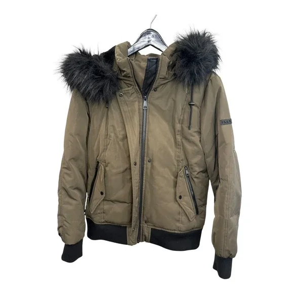 DKNY Women's Puffer Bomber Jacket Faux Fur Trim Hooded Khaki Olive Green - Picture 1 of 7